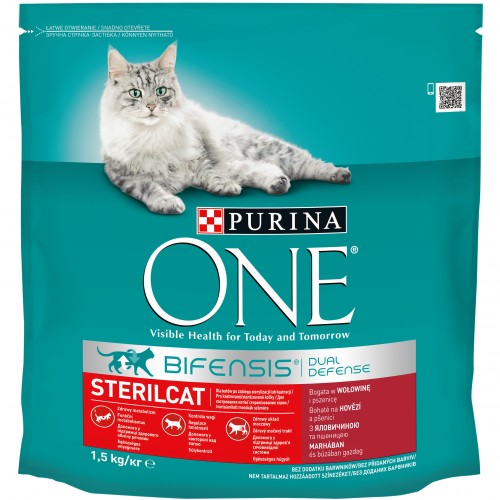 PURINA ONE kaķu sausā barība ar liellopu (sterlizētiem kaķiem) 1,5kg