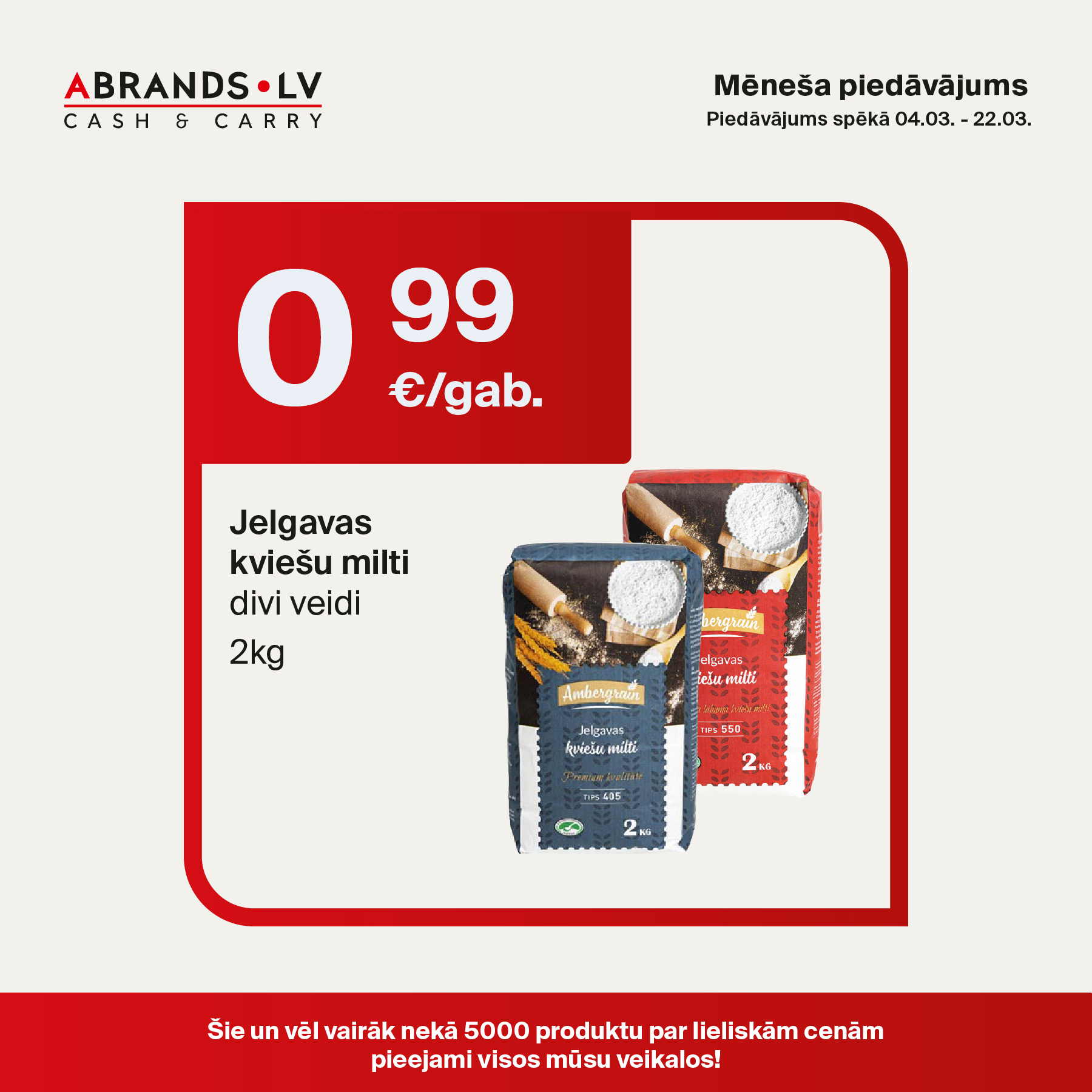 Jelgavas kviešu milti (2kg) - 0,99 €/gab.