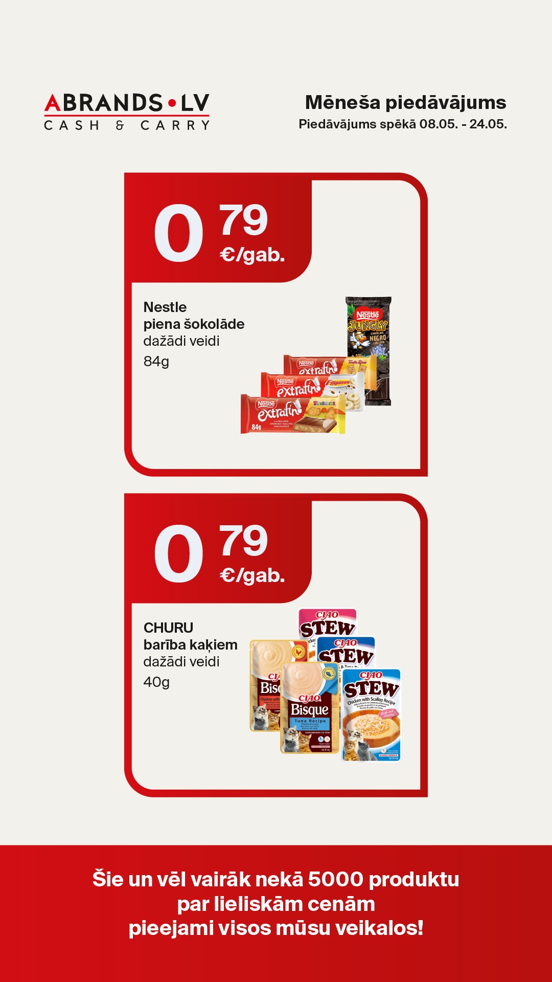 NESTLE piena šokolāde (84g) - 0,79 €/gab. | CHURU barība kaķiem (40g) - 0,79 €/gab.
