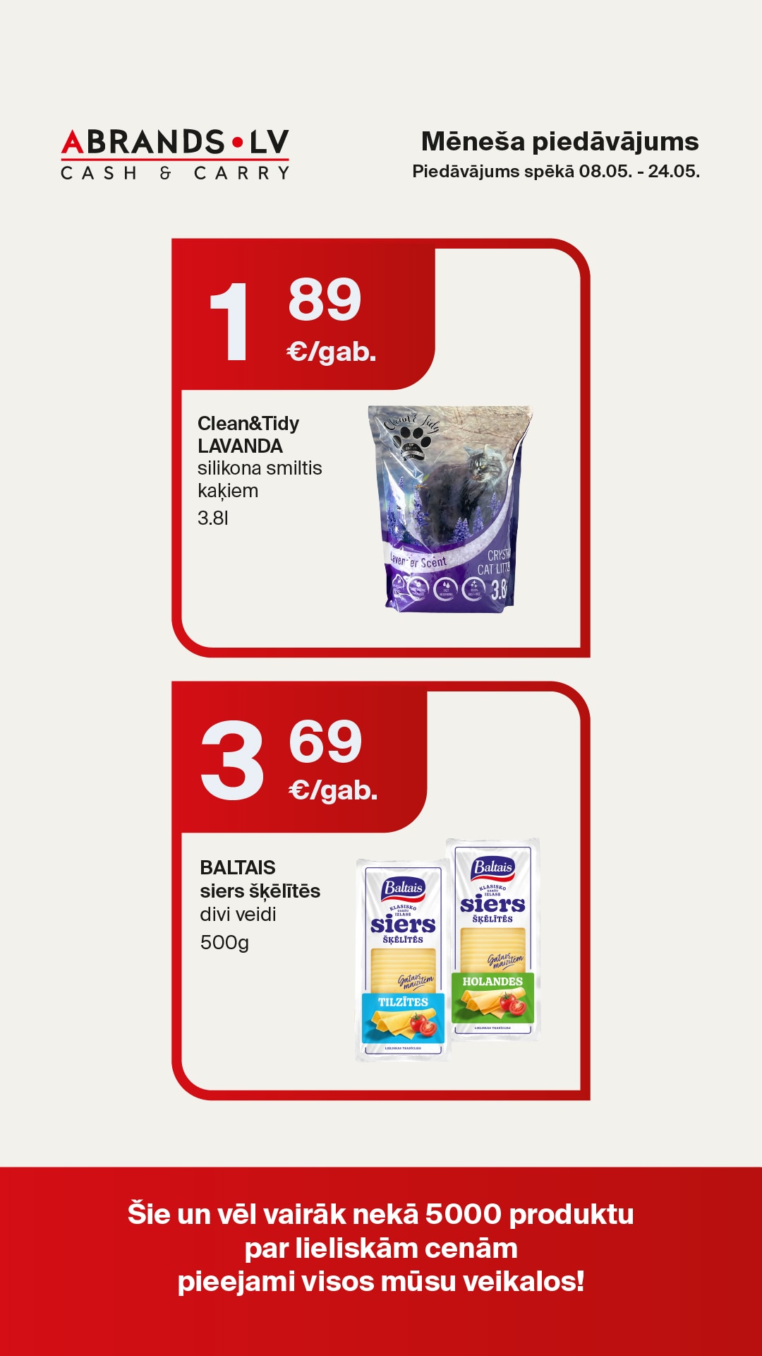 Clean&Tidy LAVANDA silikona smiltis kaķiem (3,8l) - 1,89 €/gab. | BALTAIS siers šķēlītēs divi veidi (500g) - 3,69 €/gab.